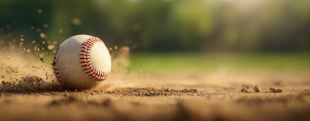 The baseball rolling on the sandy field during a summer game.