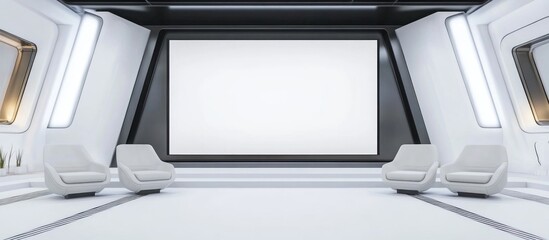 Fototapeta premium Sleek futuristic interior with a large blank screen and comfortable seating, perfect for presentations and modern design concepts