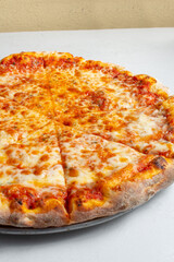 A view of a plain cheese pizza.