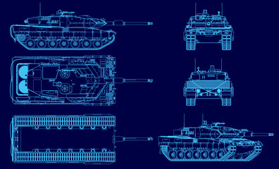 Blueprint of an Battle Tank with detailed contour lines on a blue background. The technical drawing highlights the turret, tracks, and armored hull components.