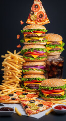 Naklejka premium Stacked burgers, french fries, and pizza slices create a high-calorie, appetizing food arrangement, showcasing fast food abundance and indulgence