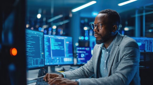 Dedicated programmer works on multiple computer screens in a futuristic server room at night