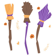 witch's broom set, flat cartoon style, png white background