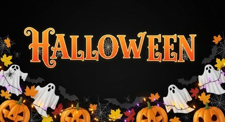 Halloween Decoration with Pumpkins, Ghosts, Bats