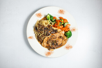 A top down view of a plate of chicken marsala.