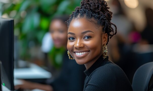 Happy African American woman working remotely on a laptop. The image features a Black female financial advisor laughing while on a virtual video call with a client, promoting, Generative AI