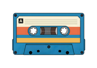 Obraz premium Retro audio cassette tape design with vibrant blue and orange stripes, perfect for music nostalgia