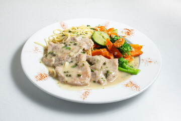 A view of a plate of veal piccata.