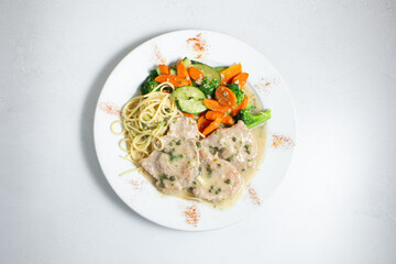 A top down view of a plate of veal piccata.