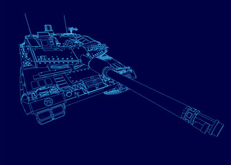 A detailed blueprint of a military tank with clearly outlined tracks, turret, and main gun. The white contour lines contrast sharply against the deep blue background.