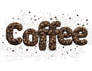 Coffee beans forming the word "COFFEE" surrounded by scattered coffee grounds