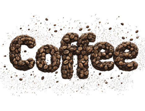 Coffee beans forming the word "COFFEE" surrounded by scattered coffee grounds