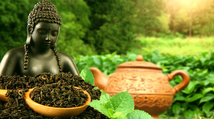 White tea Anji bai cha in a wooden spoon with a teapot and a cup on a bamboo chaban