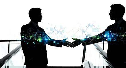 Silhouette of two business people shaking hands with stock market graph overlay on white background
