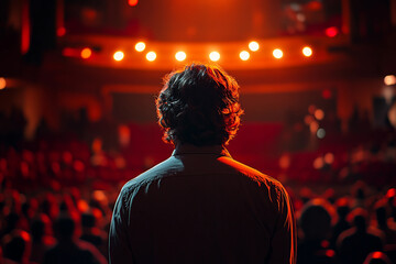 Fototapeta premium Comedian actor Performing on Stage in Front of Audience During Live Show, Generative AI image