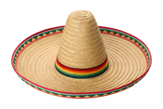 A traditional woven straw sombrero with a vivid rainbow band is displayed upright, isolated on a transparent background, a versatile png.