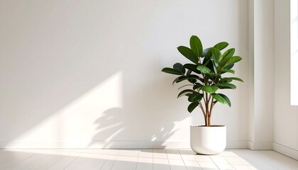 Potted Rubber Plant in Minimalist Room Clean white space with sunlight shadows.