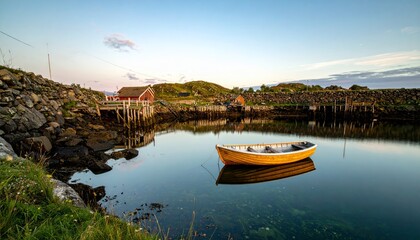 Fototapeta premium tiny vessel gently resting by the tranquil harbor reflection