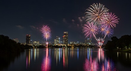 Colorful fireworks lighting up the night sky over a river and lake during a festive celebration in the city