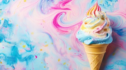 Rainbow swirl soft serve ice cream cone on vibrant pastel background.