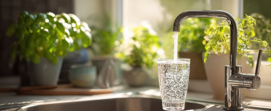 The sparkling water flowing from a modern kitchen faucet into a glass.