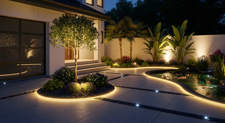 Modern House Exterior with Illuminated Garden at Night