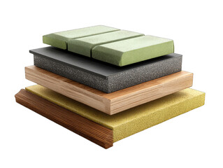 Layered materials, stacked  in cross-section, showing different textures and colors