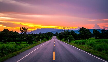 Obraz premium Asphalt road stretching into a colorful sunset landscape.