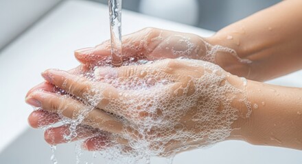 Fototapeta premium Close up of hands being washed with soap and water, creating foam and bubbles