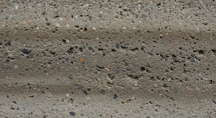 A close-up of a rough umber concrete wall texture with horizontal water absorption stains, showing aggregate and porous details for a background.