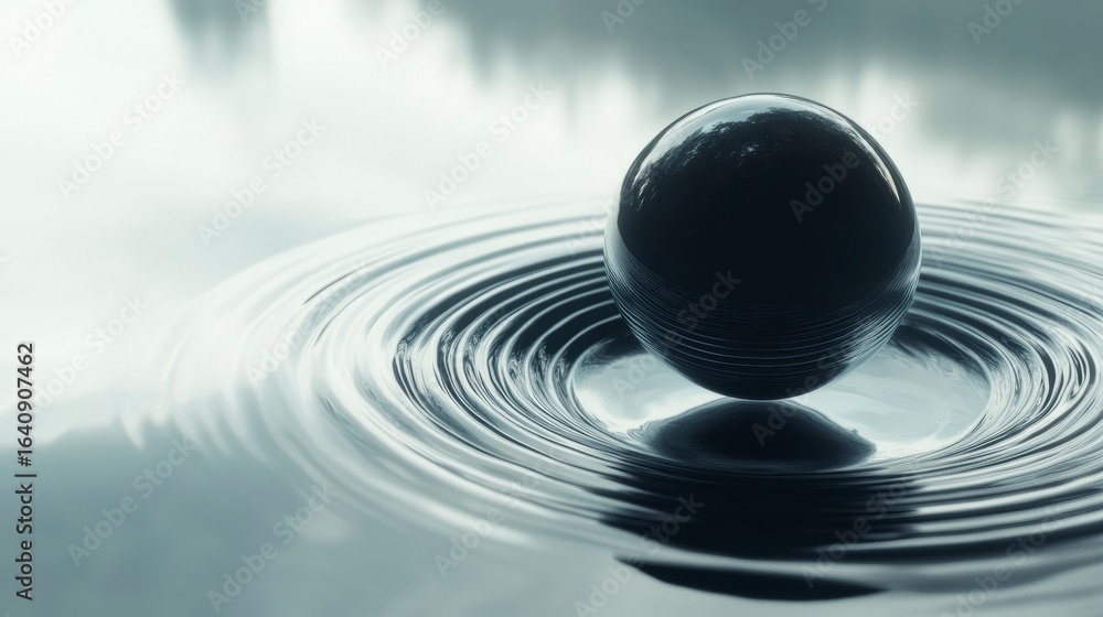 Poster dark sphere floats on calm water, creating concentric ripples.