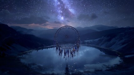 Dreamcatcher hangs over lake reflecting starry night. Use for spiritual, nature, or travel themes.