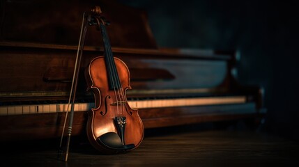 Elegant arrangement of classical instruments, violin and piano keys glowing with timeless musical charm.