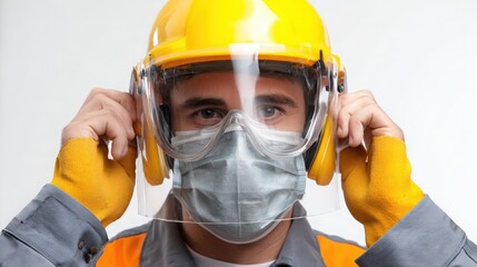 Fototapeta premium worker adjusting face shield and mask, welding safety concept, white background