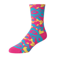 Colorful Sock with Abstract Pattern in Pink, Blue, and Yellow.