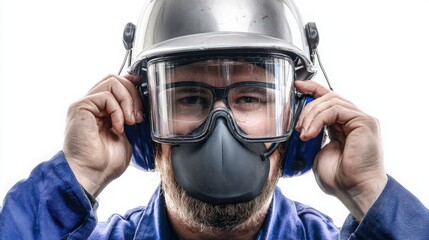 worker adjusting face shield and mask, welding safety concept, white background