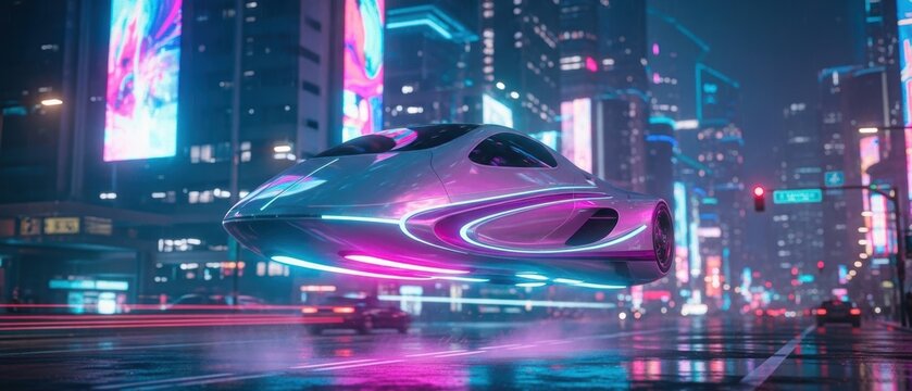 Neon-Streamline Luxury Hovercar in Cyber City - Powered by Adobe