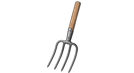 Traditional Farm Pitchfork with Wooden Handle Illustration on White Background