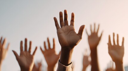 Diverse group of people raising hands outdoors, expressing opinions, seeking involvement and active participation