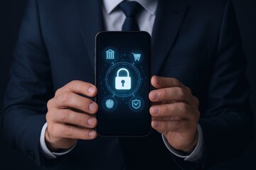 Man in Suit Holding Secure Mobile Phone with Padlock Icon Representing Data Protection