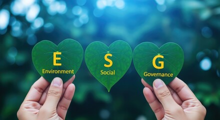 ESG concept depicted with hands holding heart-shaped leaves against a blurred green background, illustrating Environmental, Social, and Governance factors