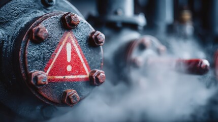 steam and pressure warning signage with valve close-up, industrial safety emphasis