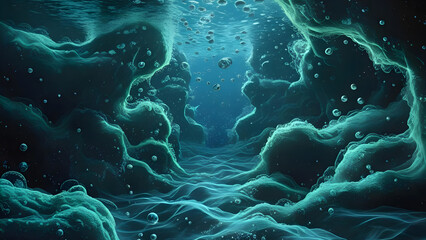 Obraz premium Submerged, ethereal underwater cavern with swirling teal formations and bubbles.