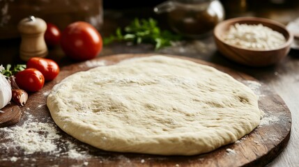 Unbaked pizza dough on wooden board with tomatoes, garlic, and flour.