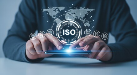 ISO certification displayed over smartphone with global map, showcasing international business standards and quality management compliance