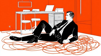 tripping hazard illustration with wires on floor, workplace risk scenario on white