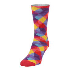 Colorful Geometric Patterned Sock with Red Toe and Heel, Angled View
