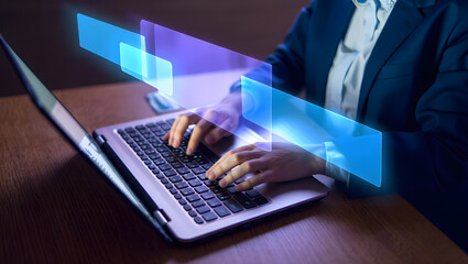 Businesswoman working late, laptop glowing, futuristic interface, digital data transfer, modern technology, night work, professional, serious mood.