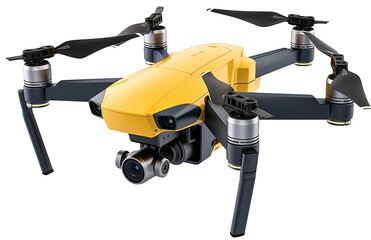 Yellow drone with dark gray components, multiple cameras and propellers