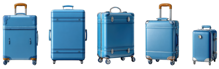 Four different sized blue suitcases
